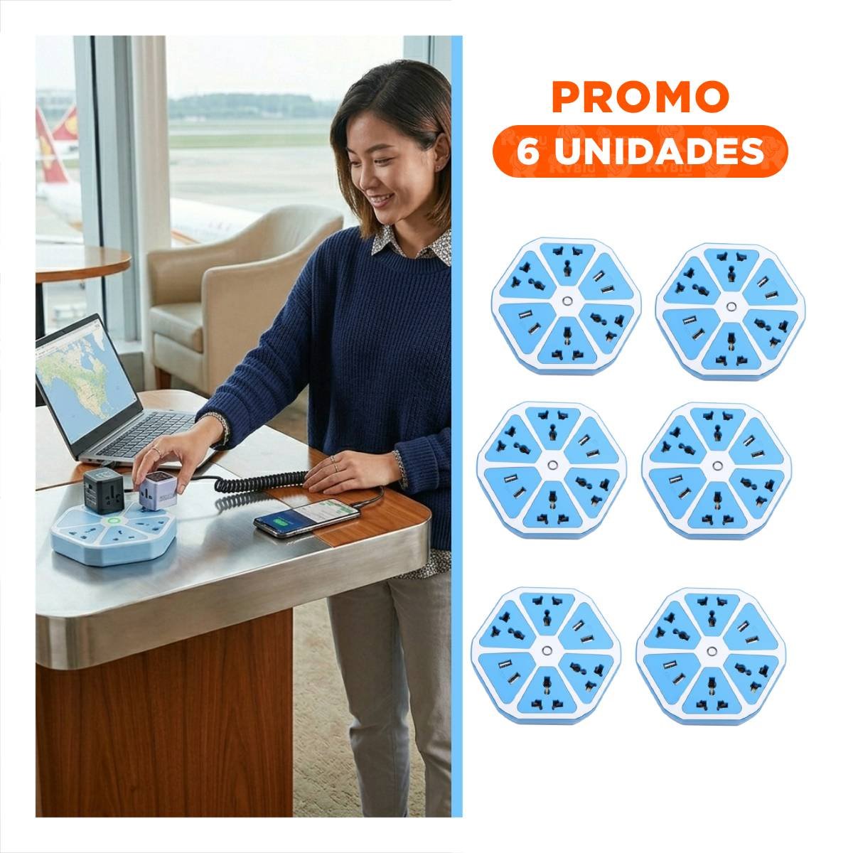 PACK6 ADAPTADOR HEXAGONAL 4 SALIDAS 4 USB CELESTE PARA CENTRO DE CARGA EN ESCRITORIO - 1