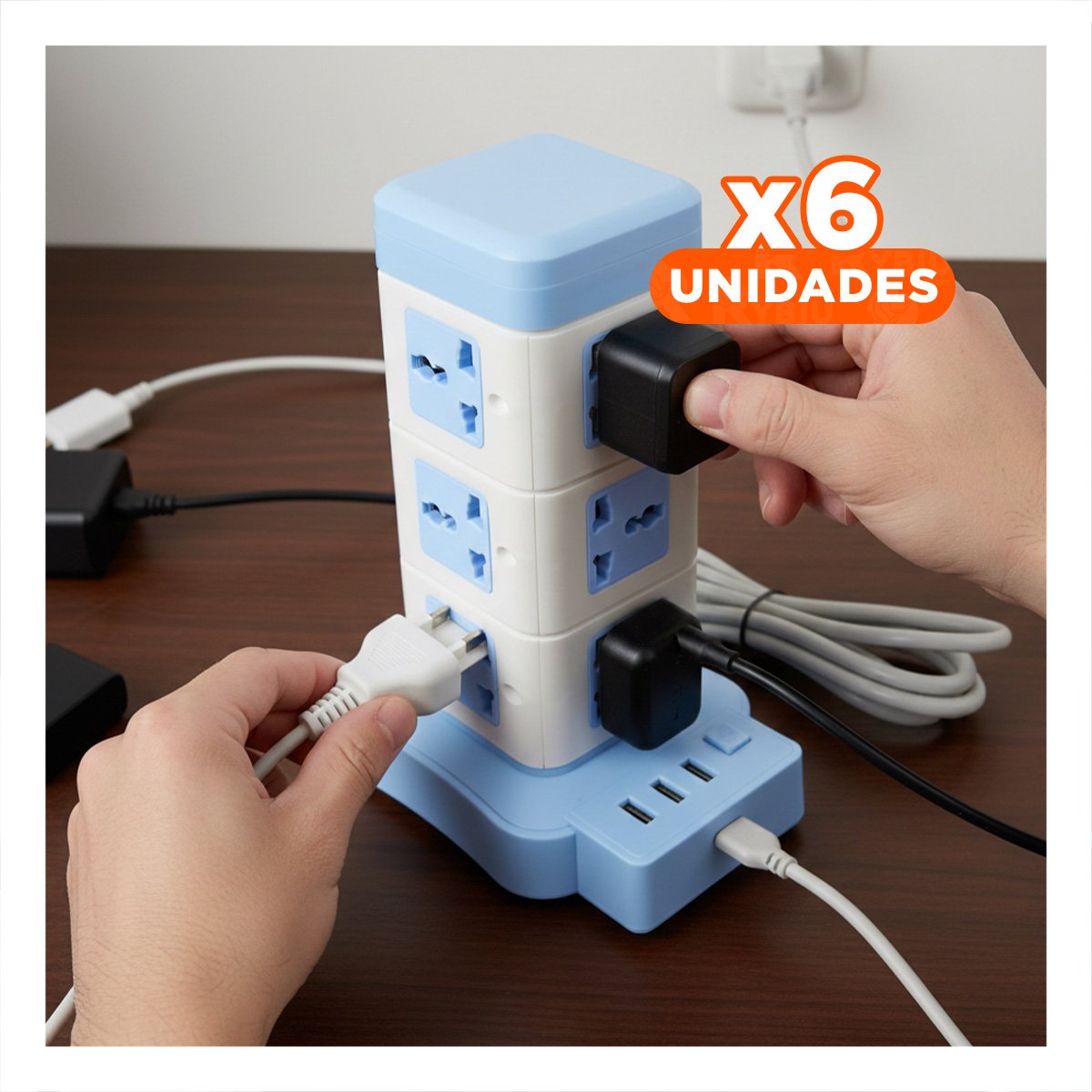 PACK6 EXTENSION VERTICAL 12 TOMACORRIENTES CON 3 USB CELESTE Y+REGALO STICKER - 1