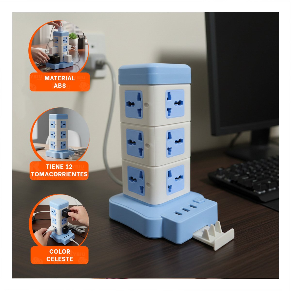 TORRE VERTICAL 12 TOMACORRIENTES CON 3 USB CELESTE PARA OFICINA EN CASA Y+PAPEL REGALO - 5