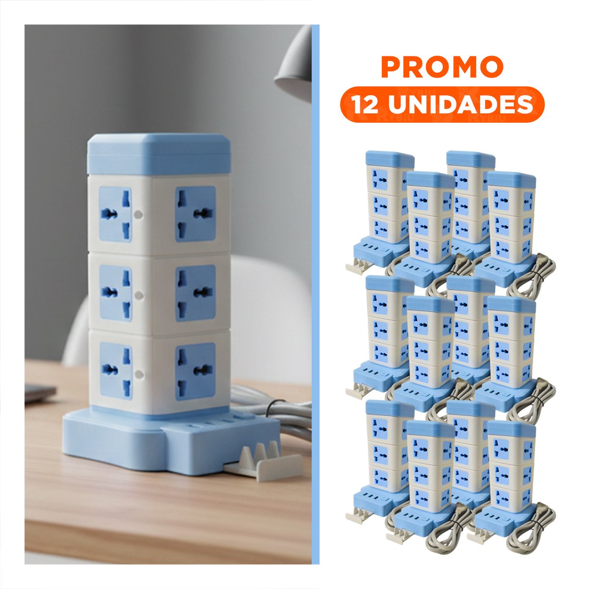 PACK12 TORRE VERTICAL 12 TOMACORRIENTES CON 3 USB CELESTE PARA ESPACIOS Y+REGALO STICKER - 1