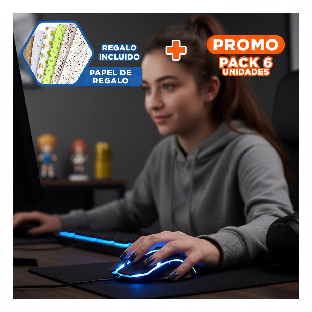 PACK6 CONTROLADOR MOUSE LIGKT GAME NEGRO CON AGARRE COMODO Y+PAPEL REGALO - 1