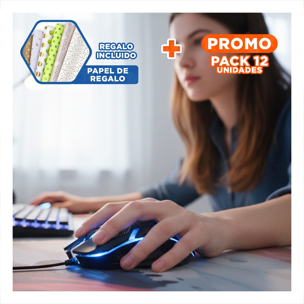 PACK12 MOUSE GAMER LIGKT NEGRO CON ALTA SENSIBILIDAD Y+PAPEL REGALO - 1
