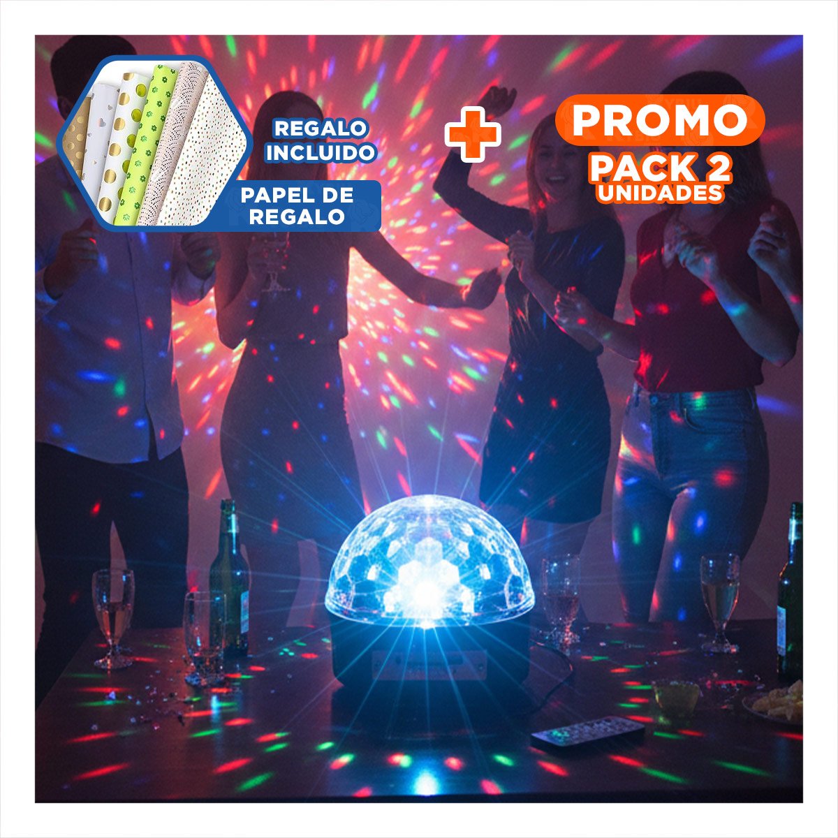 PACK2 FOCO DE LUCES LED CON PARLANTE INTEGRADO Y CONTROL PARA AMBIENTE ATRACTIVO Y+PAPEL REGALO - 1