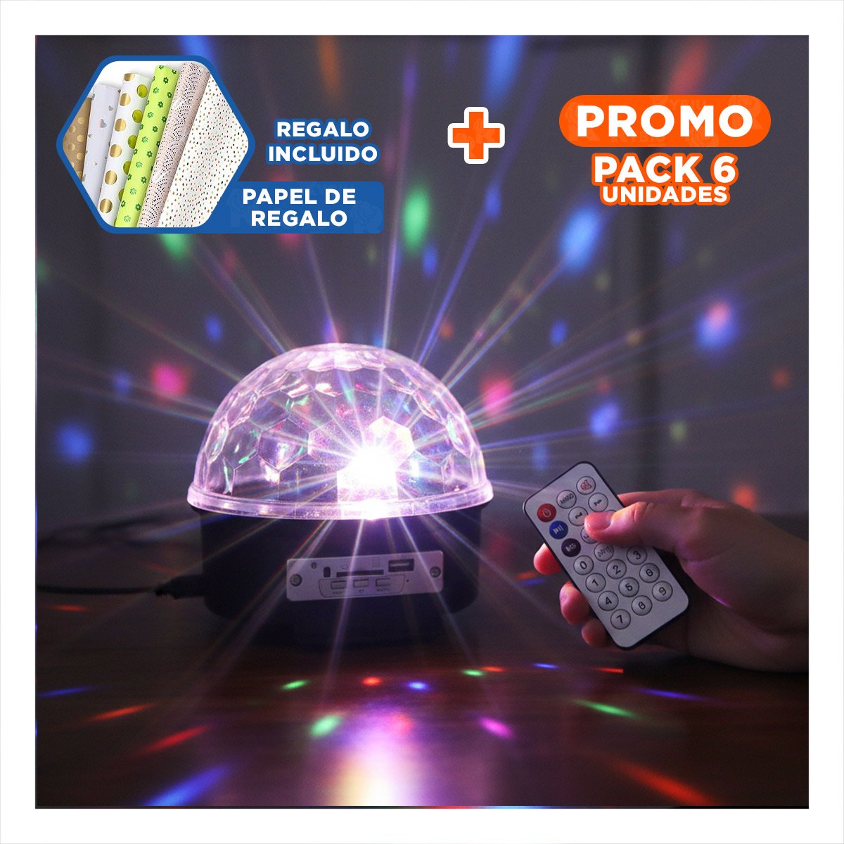 PACK6 PROYECTOR DE LUCES LED CON PARLANTE INTEGRADO Y CONTROL PARA CASA Y+PAPEL REGALO - 1