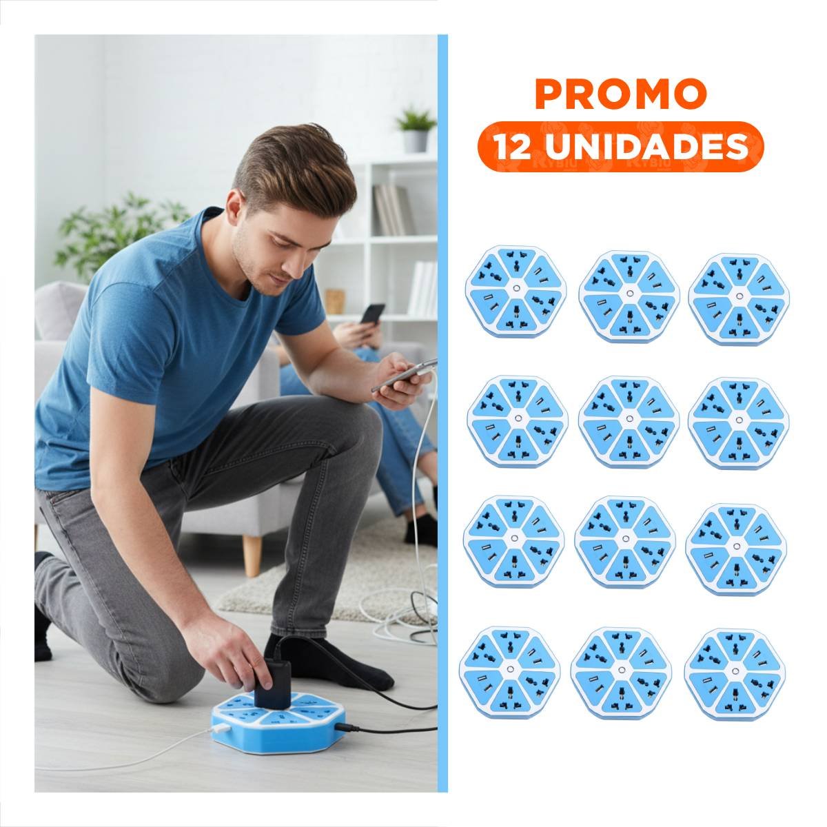 PACK12 ADAPTADOR HEXAGONAL 4 TOMAS 4 USB CELESTE PARA GESTIONAR ENERGIA Y+REGALO STICKER - 1