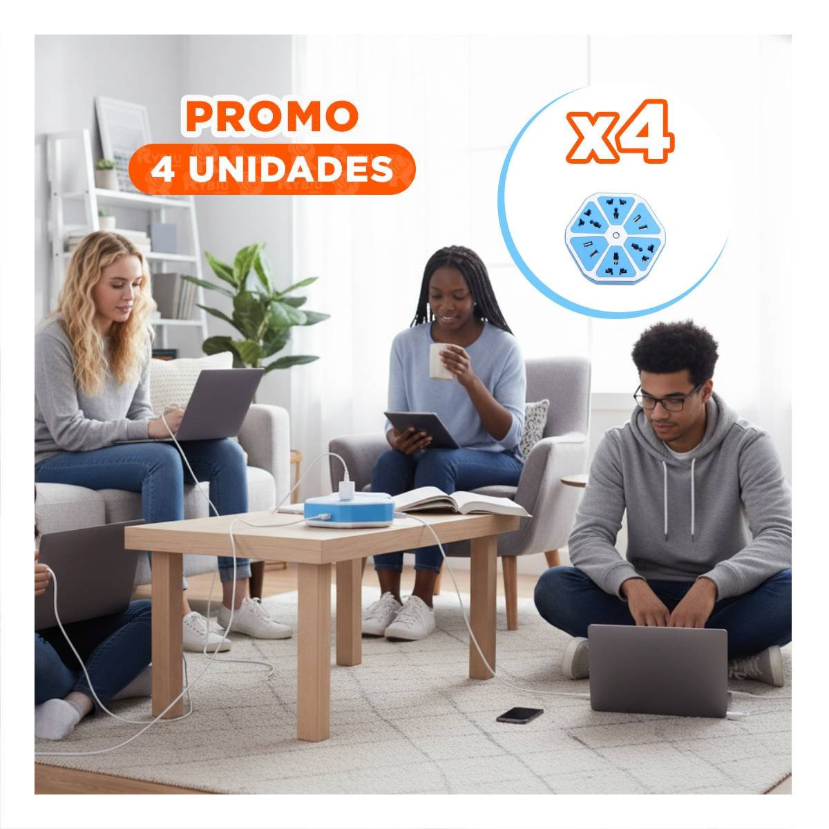 PACK4 EXTENSION HEXAGONAL 4 TOMAS 4 USB CELESTE PARA ESPACIO DE TRABAJO ORDENADO - 1