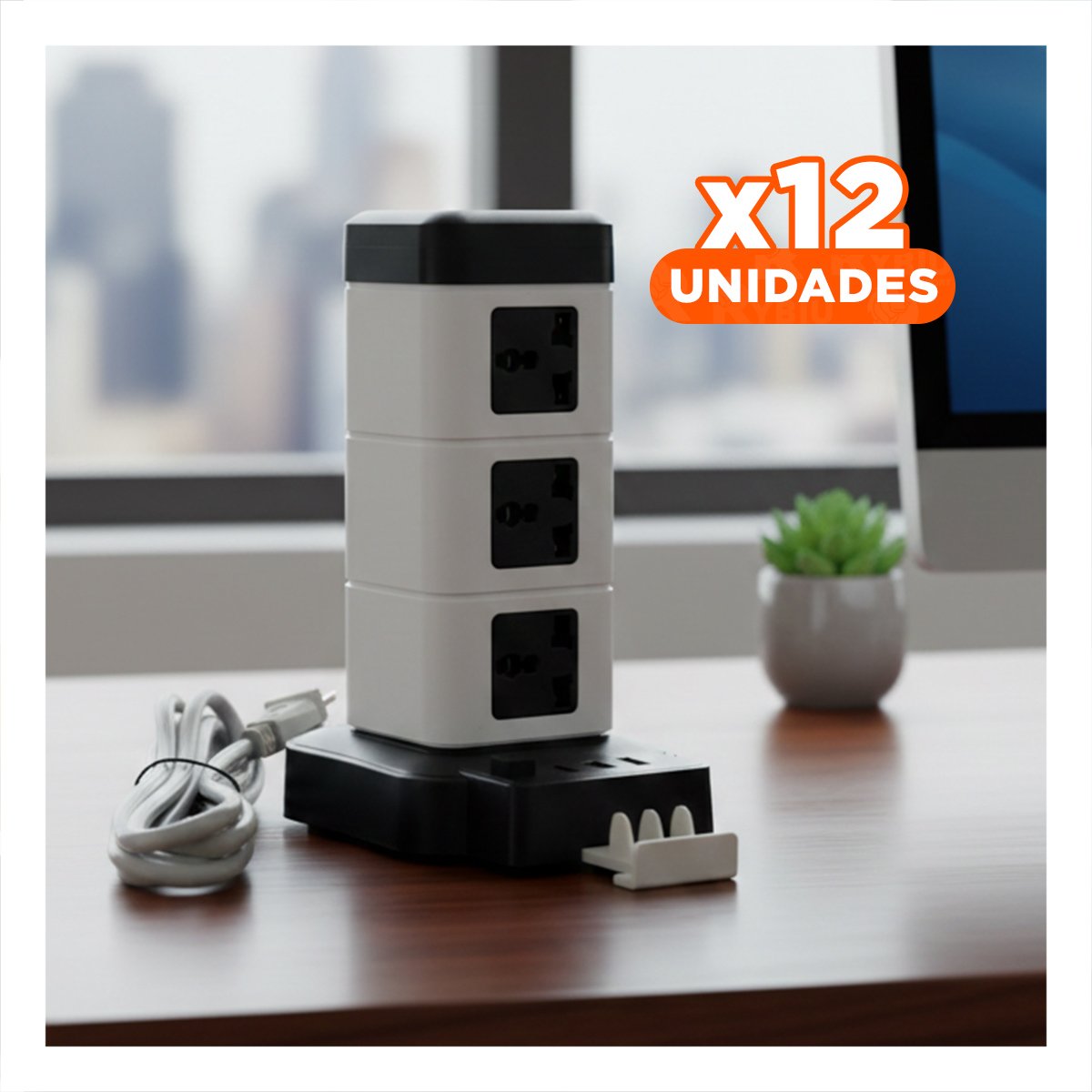 PACK12 REGLETA VERTICAL 12 TOMACORRIENTES CON 2 USB NEGRO PARA ESPACIO DE TRABAJO - 1