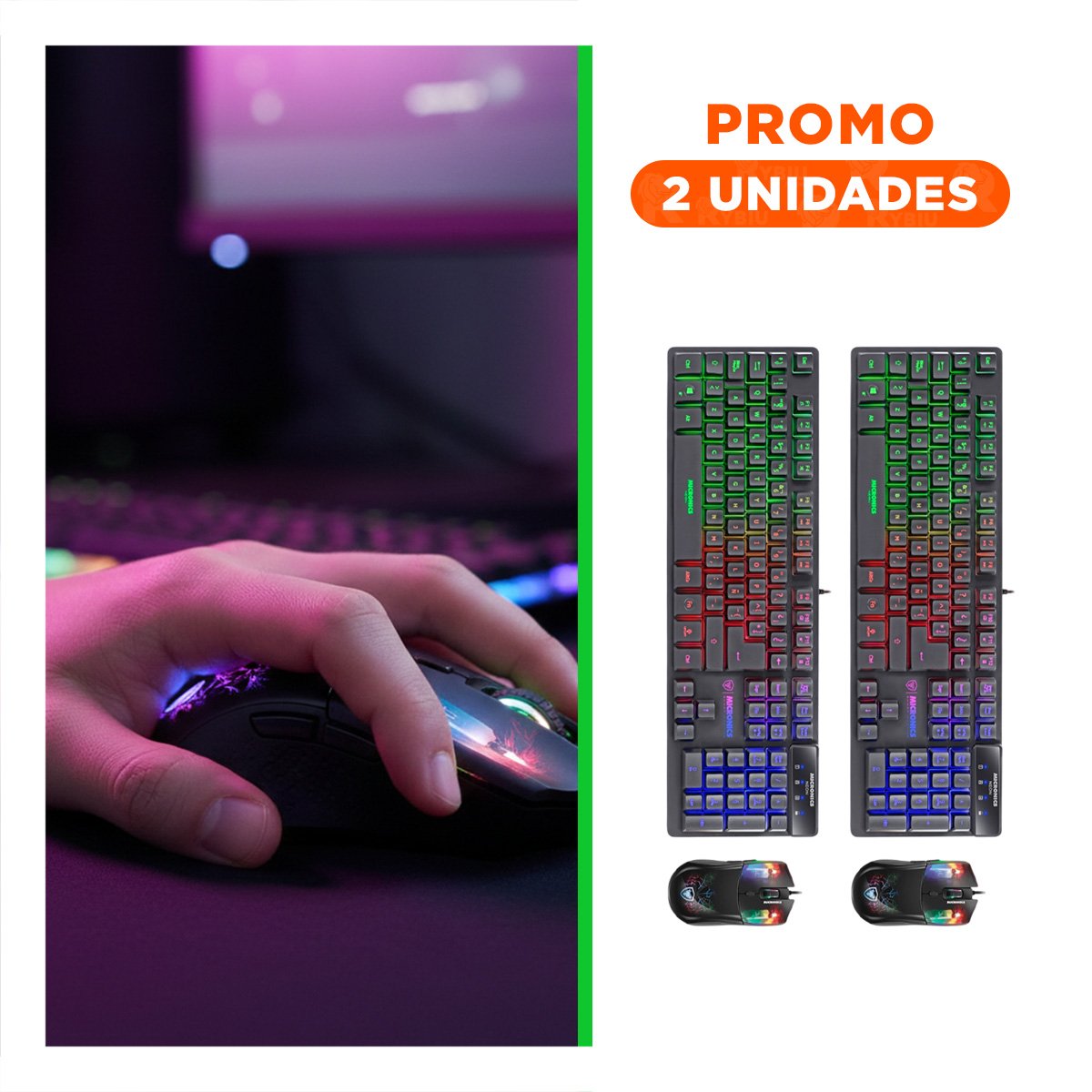 PACK2 COMBO GAMER MACHINE 2 NEON NEGRO CON TECLADO COMPLETO Y MOUSE GAMER - 1
