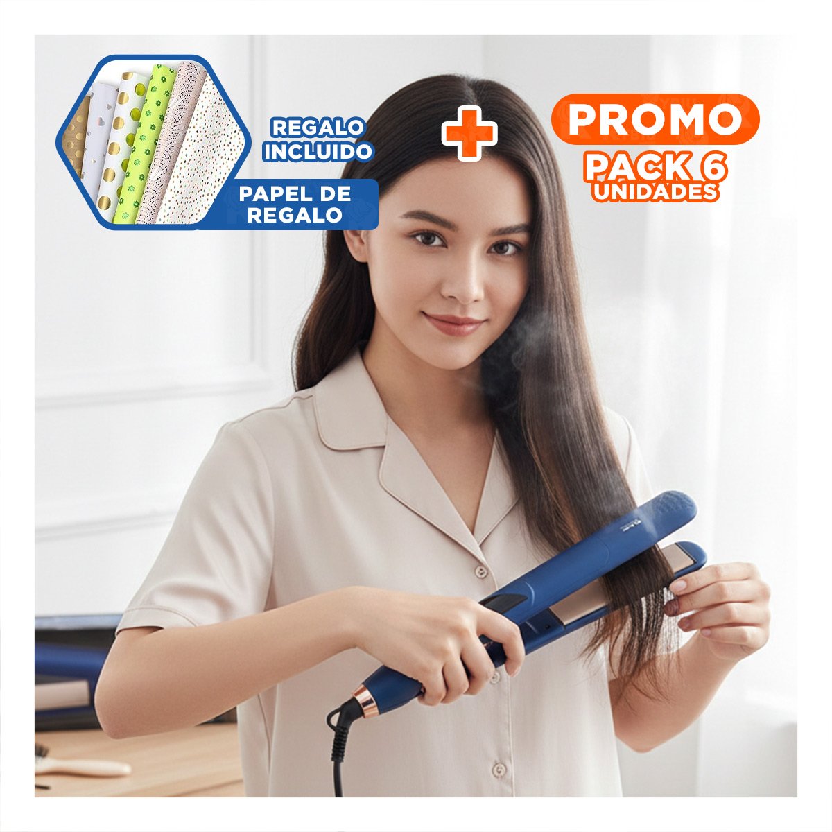 PACK6 ALISADORA DE CABELLO COLOR AZUL CON TECNOLOGIA DE CALOR PARA ESTILO DIARIO Y+PAPEL REGALO - 1