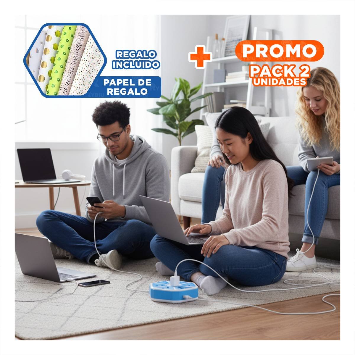 PACK2 ADAPTADOR HEXAGONAL 4 ENCHUFES 4 USB CELESTE PARA CARGAR MOVIL Y+PAPEL REGALO - 1