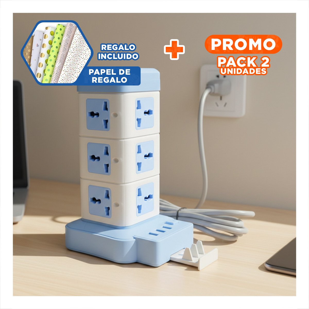 PACK2 TORRE VERTICAL 12 TOMACORRIENTES CON 3 USB CELESTE PARA ESCRITORIO Y+PAPEL REGALO - 1