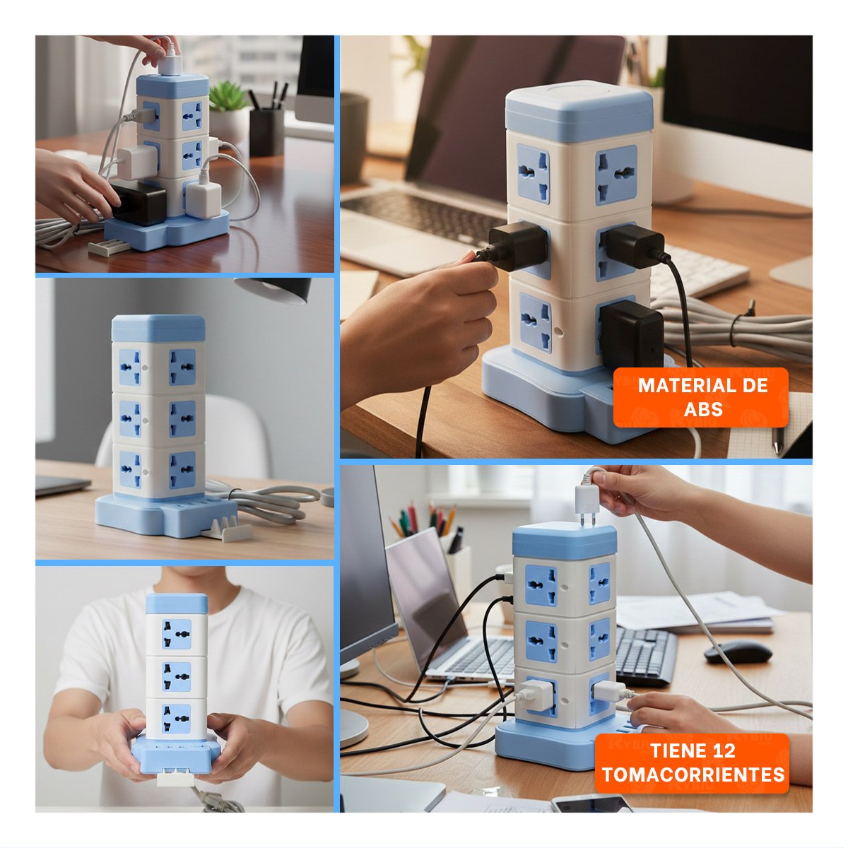 PACK2 TORRE VERTICAL 12 TOMACORRIENTES CON 3 USB CELESTE PARA ESCRITORIO Y+PAPEL REGALO - 3
