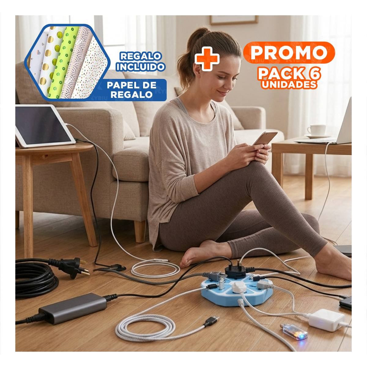 PACK6 CONECTOR HEXAGONAL 4 TOMAS 4 USB CELESTE PARA CONECTAR DISPOSITIVOS Y+PAPEL REGALO - 1