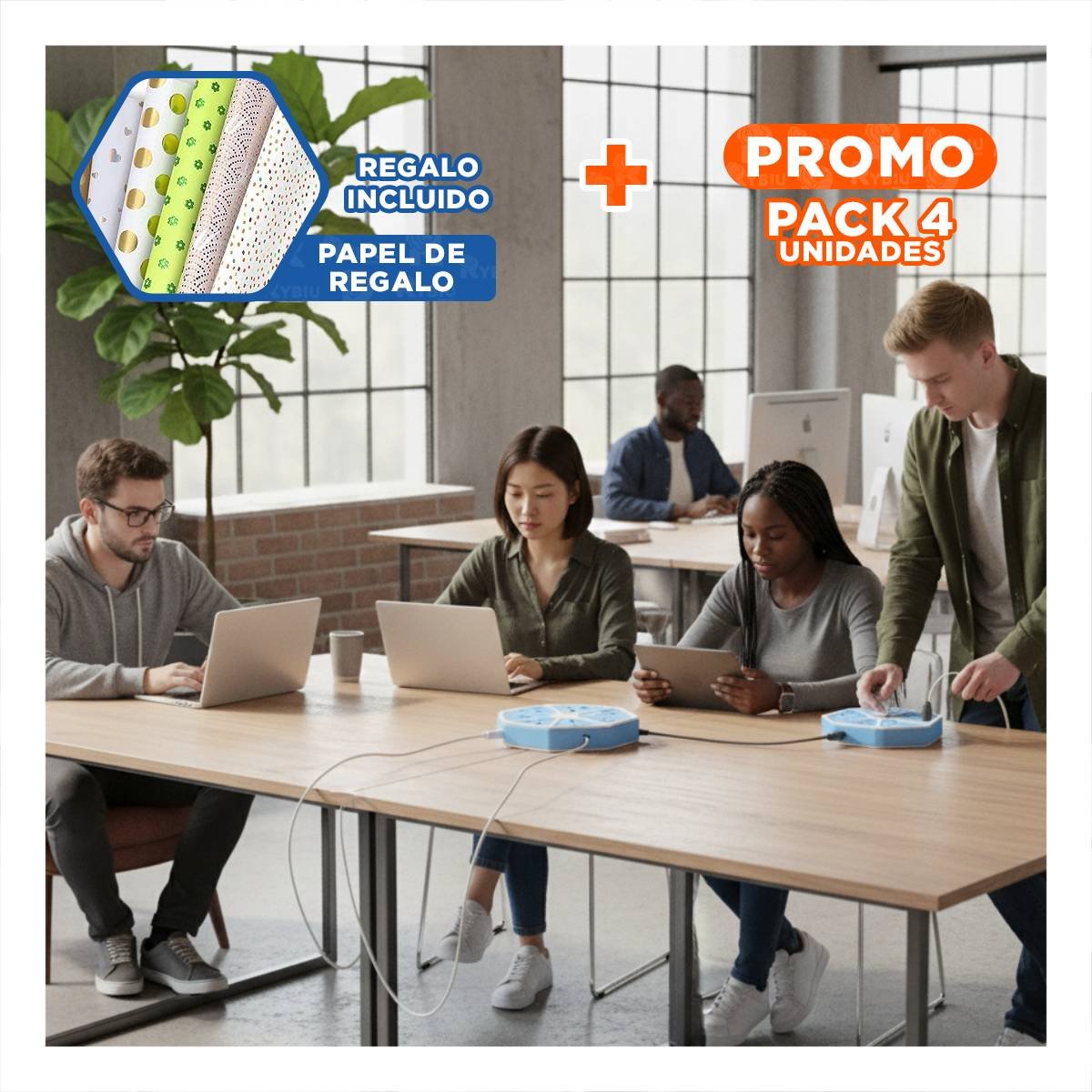 PACK4 REGLETA HEXAGONAL 4 PUERTOS 4 USB CELESTE PARA CONECTAR EQUIPOS EN OFICINA Y+PAPEL REGALO - 1