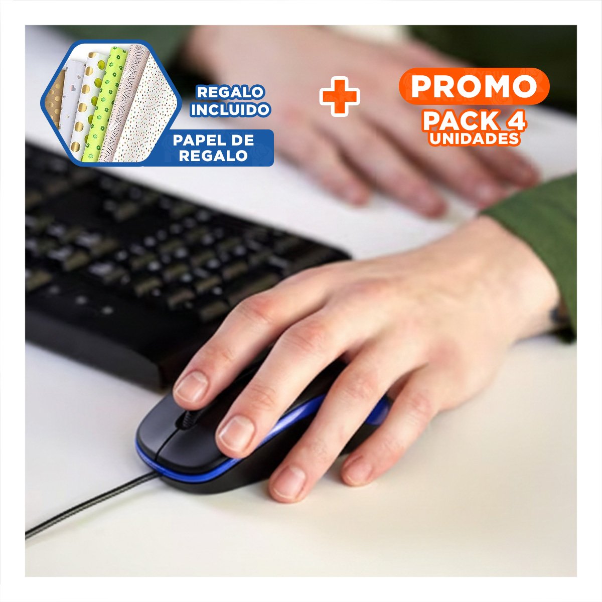 PACK4 RATON CYBERTEL AZUL Y NEGRO PARA PC CON CONTROL SUAVE Y+PAPEL REGALO - 1