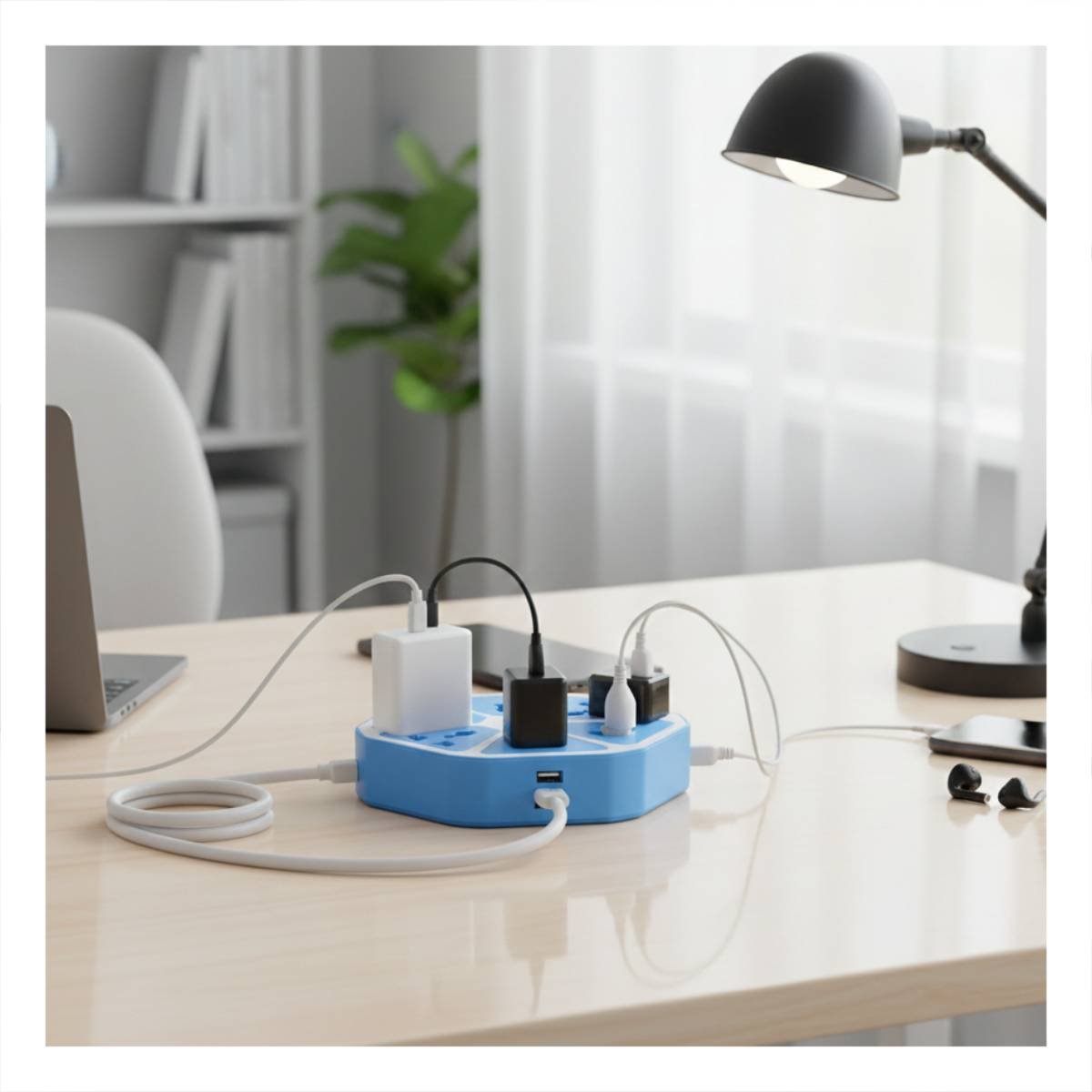 MULTITOMA HEXAGONAL 4 SALIDAS 4 USB CELESTE PARA ALIMENTAR EQUIPOS ELECTRONICOS - 1