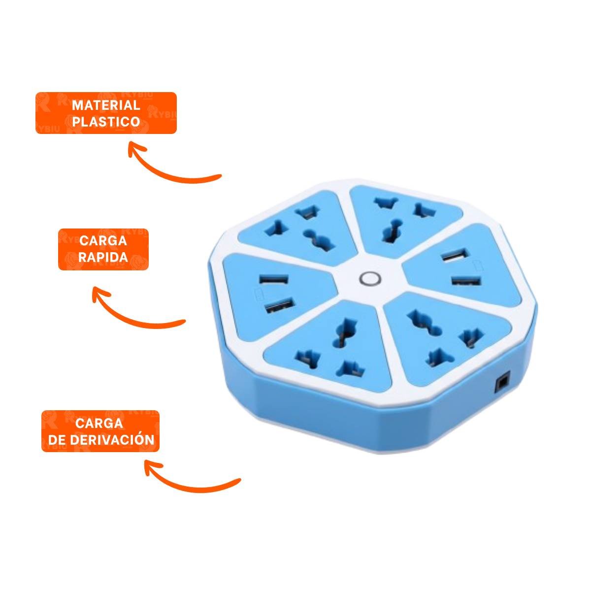 MULTITOMA HEXAGONAL 4 SALIDAS 4 USB CELESTE PARA ALIMENTAR EQUIPOS ELECTRONICOS - 3