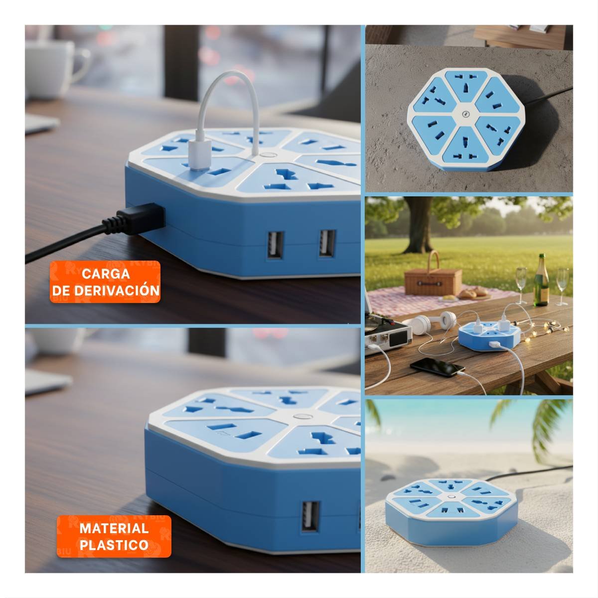 MULTITOMA HEXAGONAL 4 SALIDAS 4 USB CELESTE PARA ALIMENTAR EQUIPOS ELECTRONICOS - 5