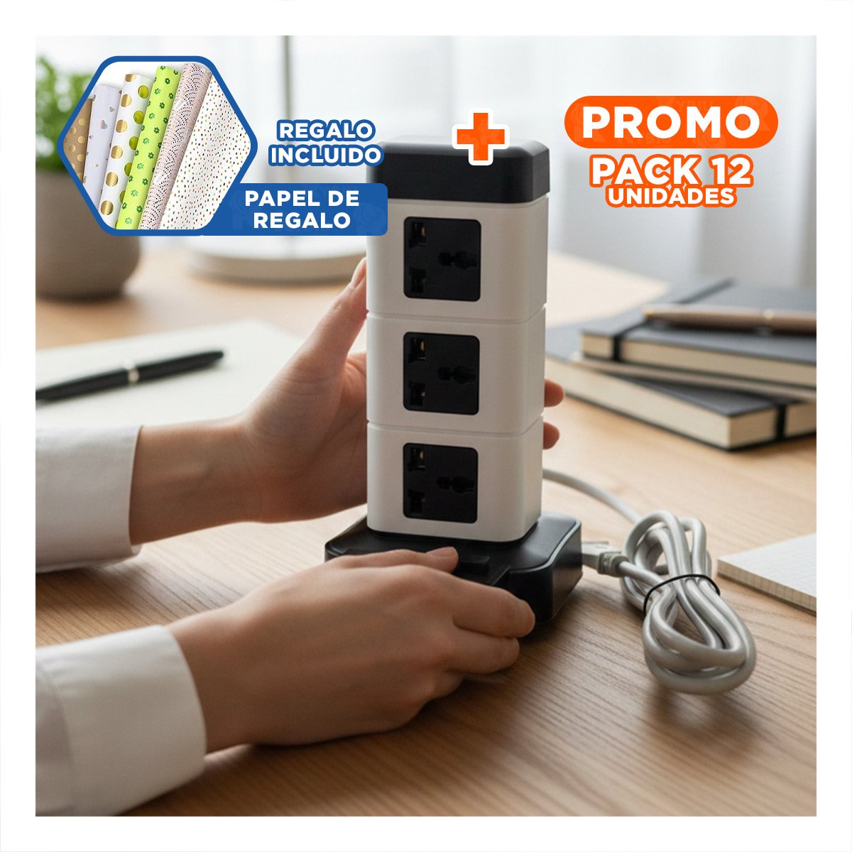 PACK12 MULTITOMA VERTICAL 12 TOMACORRIENTES CON 2 USB NEGRO PARA HOGAR Y OFICINA Y+PAPEL REGALO - 1