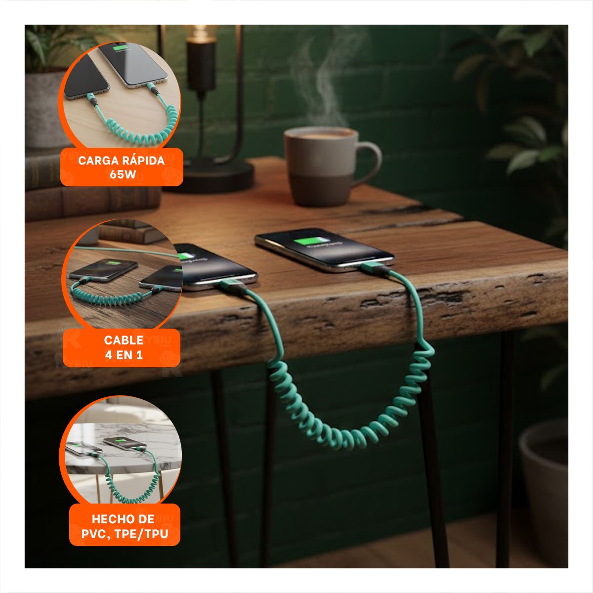 PACK4 CABLE RESORTE 4 EN 1 USB C 1,5M CELESTE CABLE DE ENERGIA PARA CELULARES - 5
