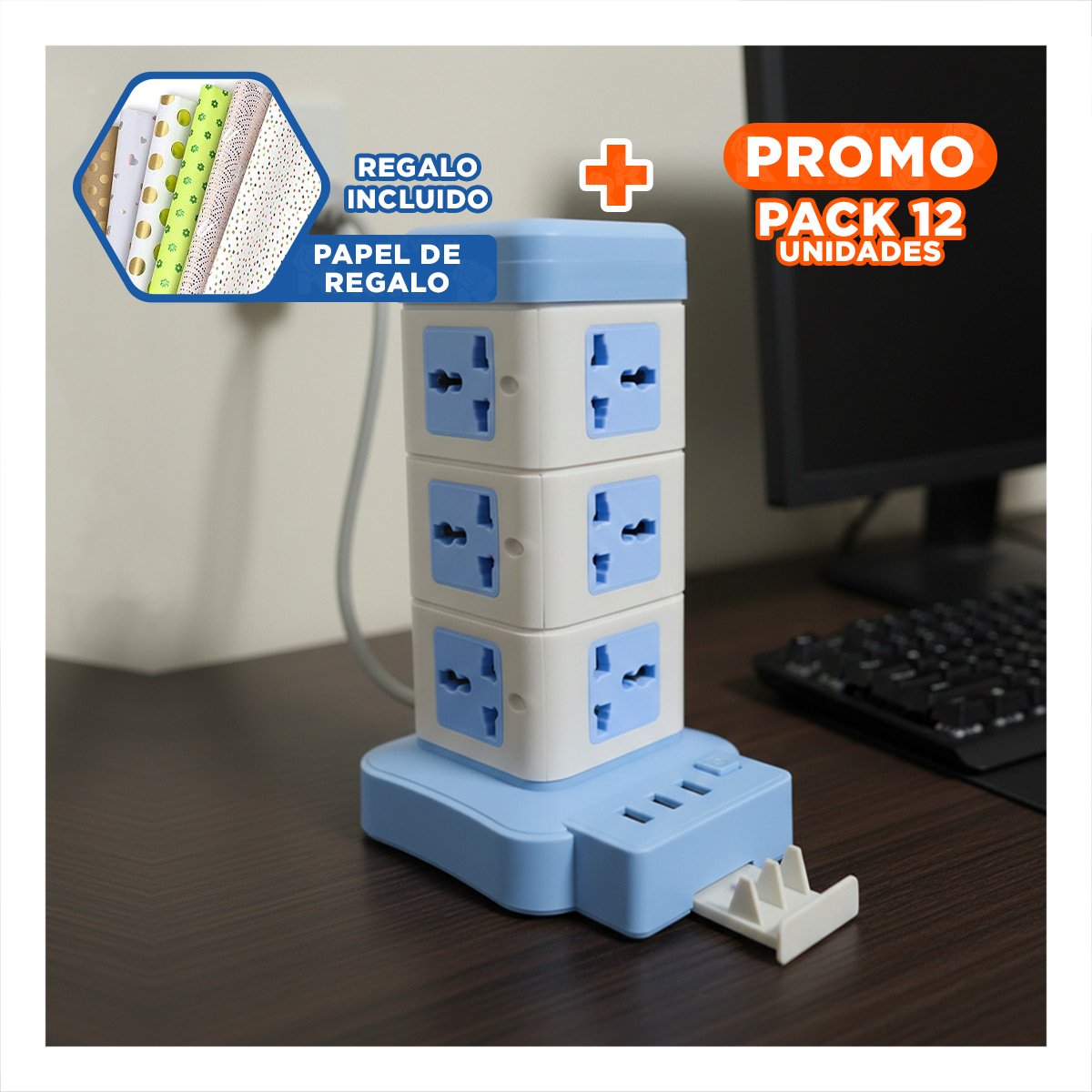 PACK12 MULTITOMA VERTICAL 12 TOMACORRIENTES CON 3 USB CELESTE PARA CARGA Y+PAPEL REGALO - 1