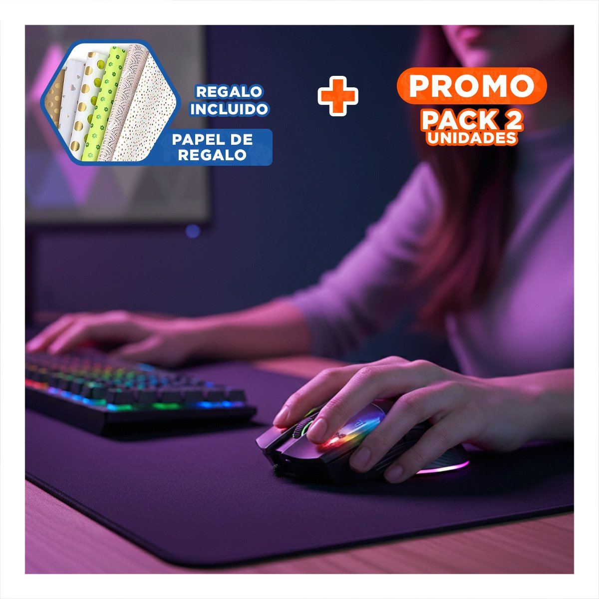 PACK2 SET GAMER MACHINE 2 NEON NEGRO CON TECLADO MULTIMEDIA Y MOUSE LED Y+PAPEL REGALO - 1