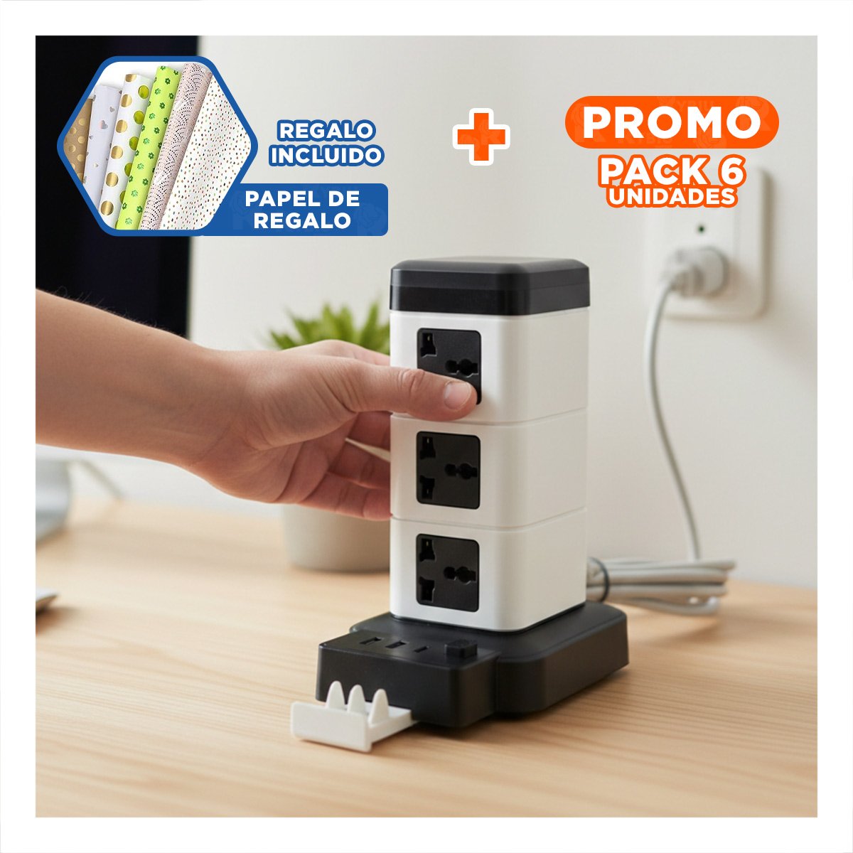 PACK6 BASE VERTICAL 12 TOMACORRIENTES CON 2 USB NEGRO PARA DISPOSITIVOS Y+PAPEL REGALO - 1