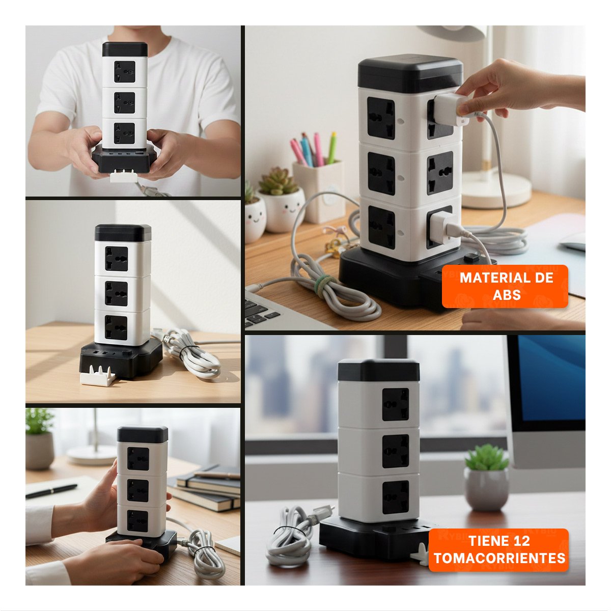 PACK6 BASE VERTICAL 12 TOMACORRIENTES CON 2 USB NEGRO PARA DISPOSITIVOS Y+PAPEL REGALO - 3