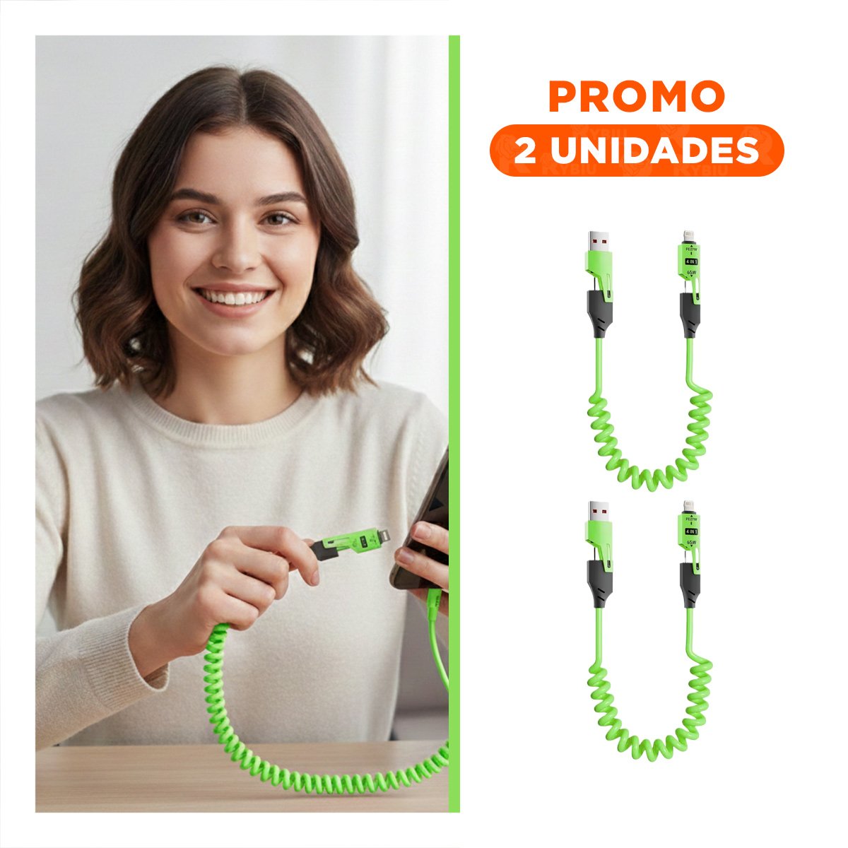 PACK2 CONECTOR RESORTE 4 EN 1 USB C 1,5M VERDE CABLE DE CONEXION PARA DISPOSITIVOS - 1