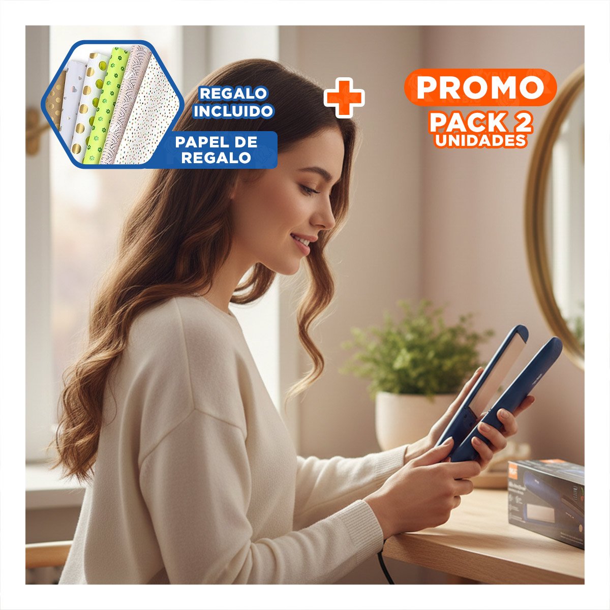 PACK2 PLANCHA DE CABELLO COLOR AZUL CON CALENTAMIENTO RAPIDO PARA PEINAR CABELLO Y+PAPEL REGALO - 1