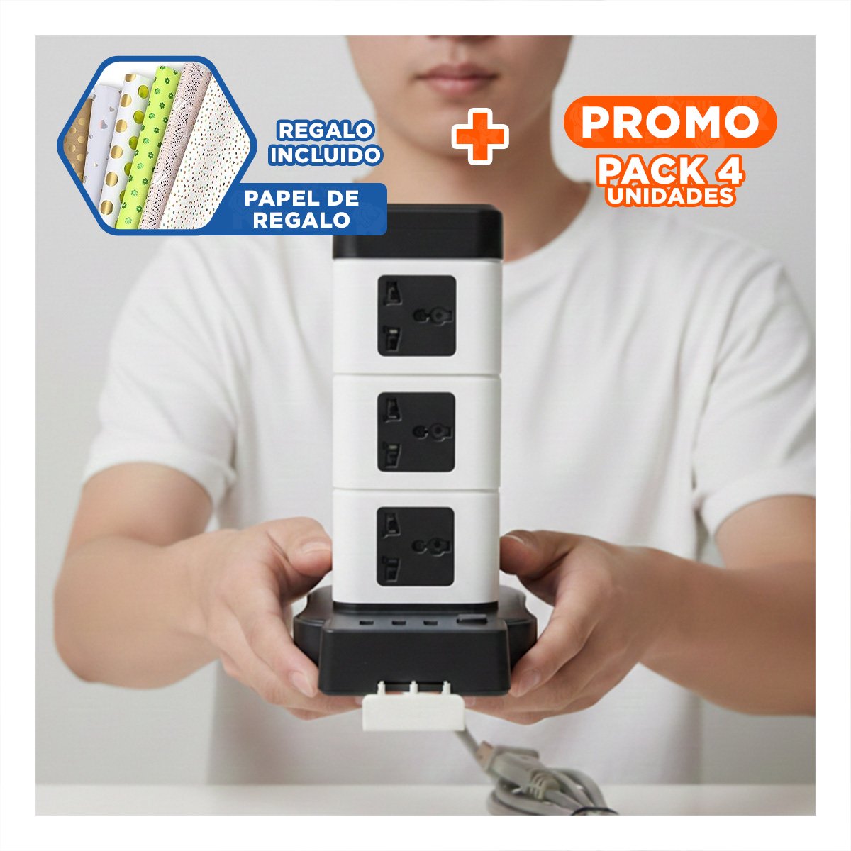 PACK4 REGLETA VERTICAL 12 TOMACORRIENTES CON 2 USB NEGRO PARA CENTRO DE CARGA Y+PAPEL REGALO - 1