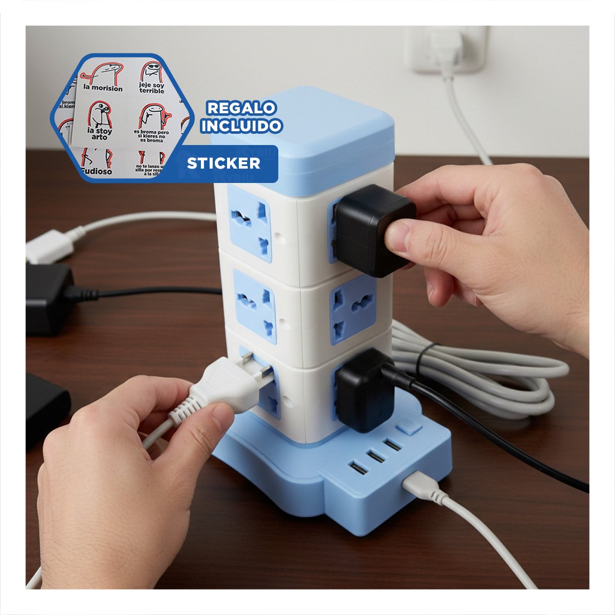 BASE VERTICAL 12 TOMACORRIENTES CON 3 USB CELESTE PARA ESTACION DE TRABAJO Y+REGALO STICKER - 1