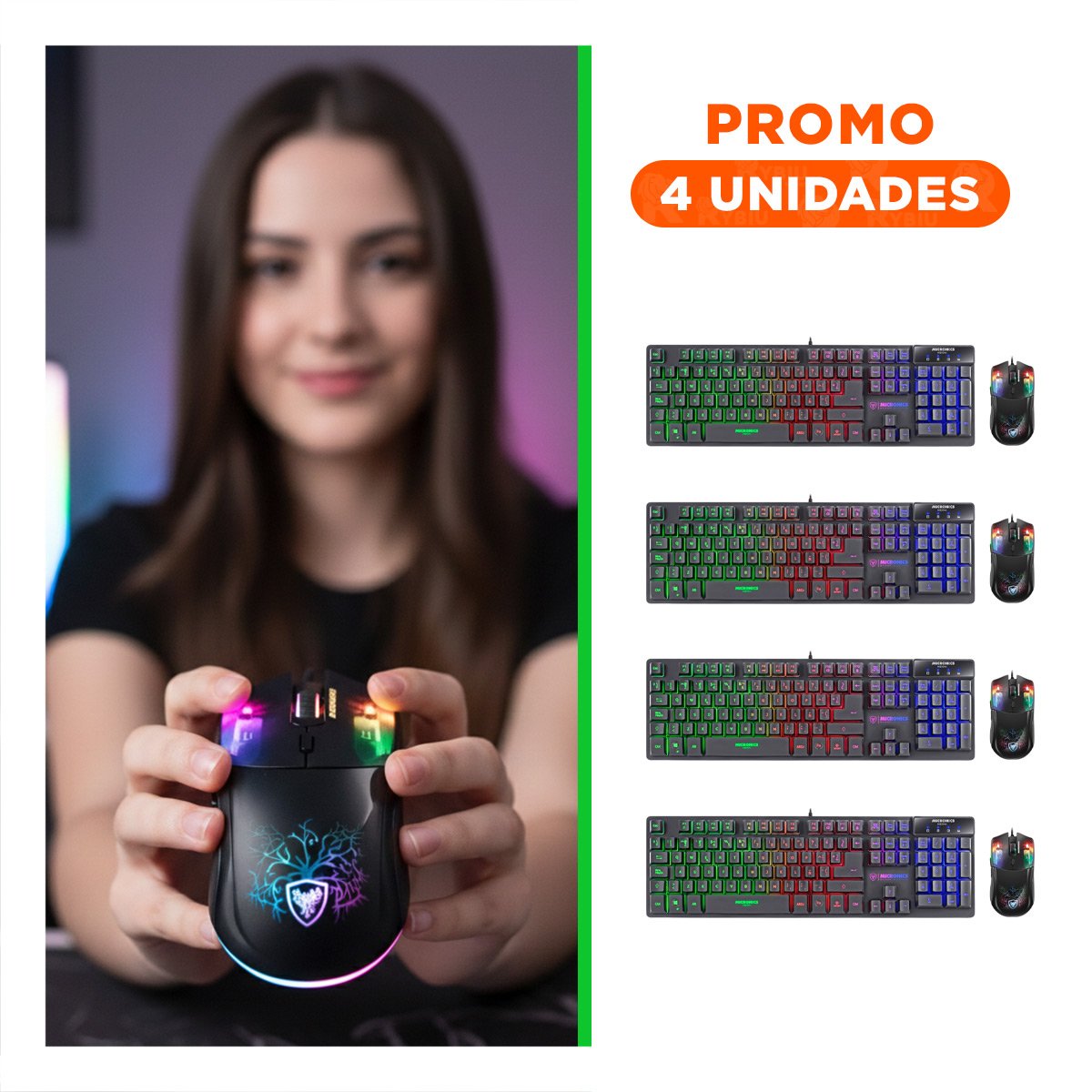 PACK4 COMBO GAMER MACHINE 2 NEON NEGRO CON TECLADO ILUMINADO Y MOUSE GAMER Y+REGALO STICKER - 1