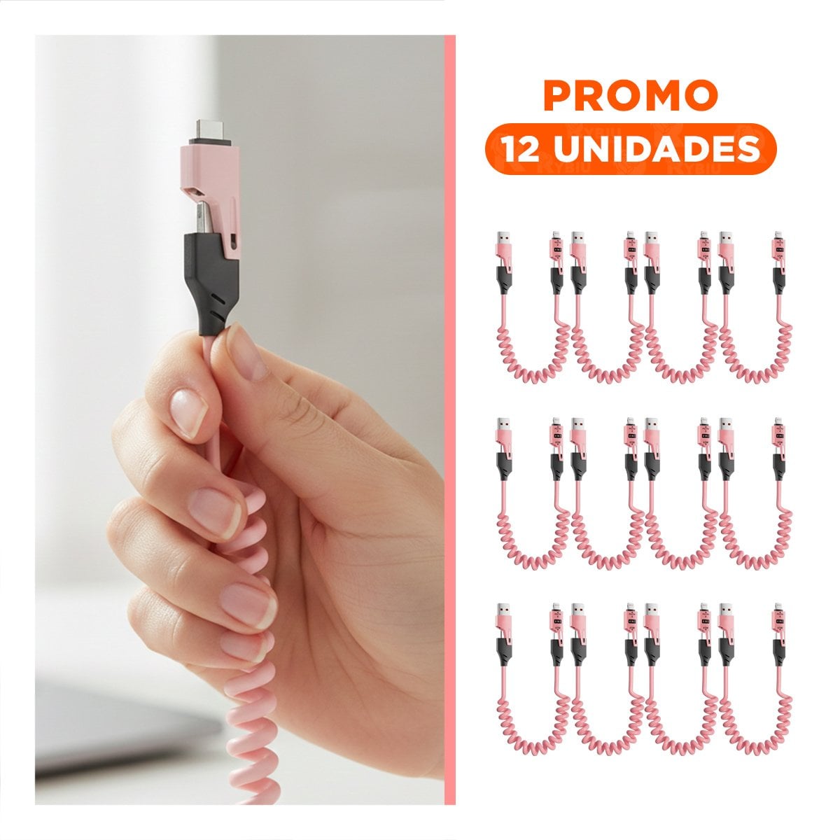 PACK12 ADAPTADOR RESORTE 4 EN 1 USB C 1,5M ROSADO CONECTOR PARA CELULAR Y+REGALO STICKER - 1