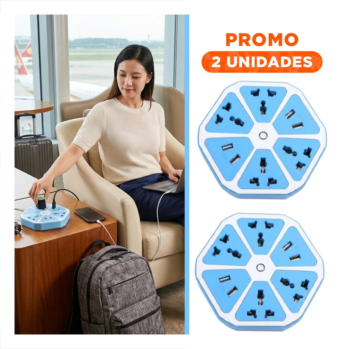 PACK2 MULTITOMA HEXAGONAL 4 TOMAS 4 USB CELESTE PARA CONECTAR EQUIPOS DE ESCRITORIO - 1