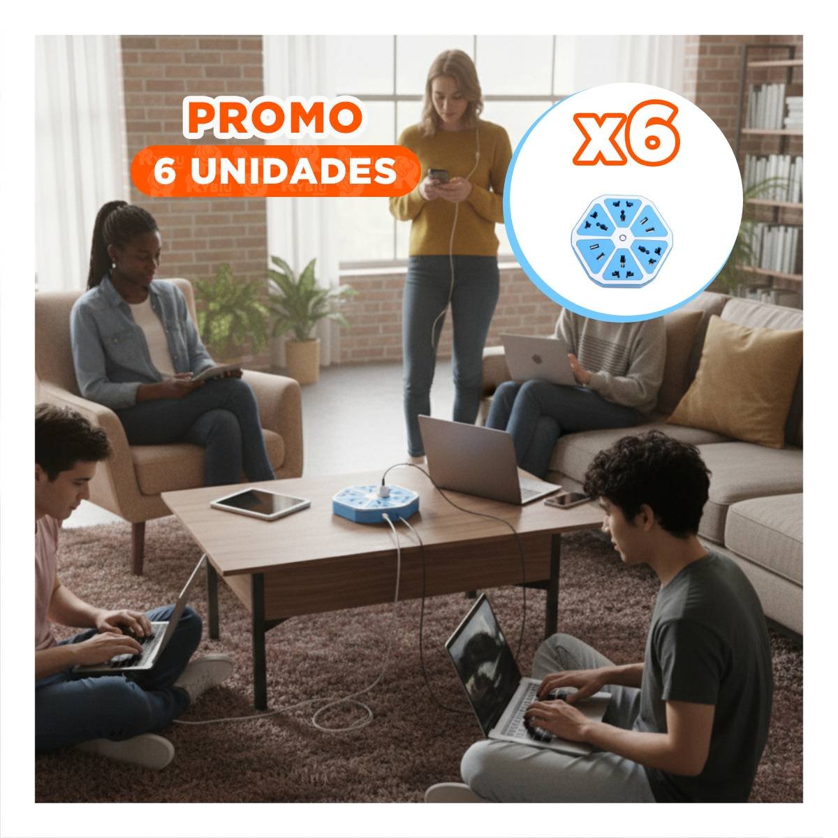 PACK6 EXTENSION HEXAGONAL 4 ENCHUFES 4 USB CELESTE PARA CARGA EN ESCRITORIO Y+REGALO STICKER - 1
