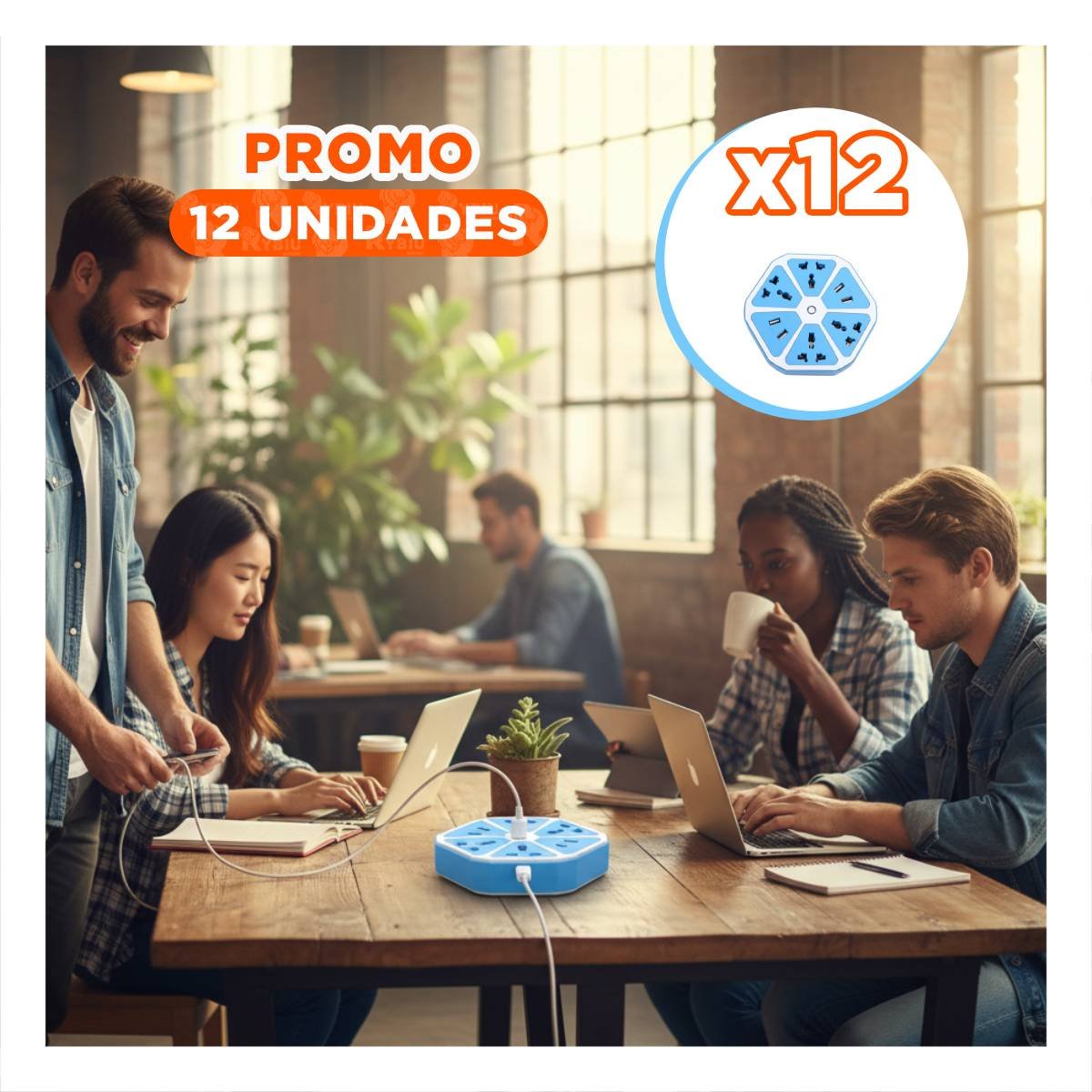 PACK12 REGLETA HEXAGONAL 4 SALIDAS 4 USB CELESTE PARA CONECTAR DISPOSITIVOS EN ESTUDIO - 1