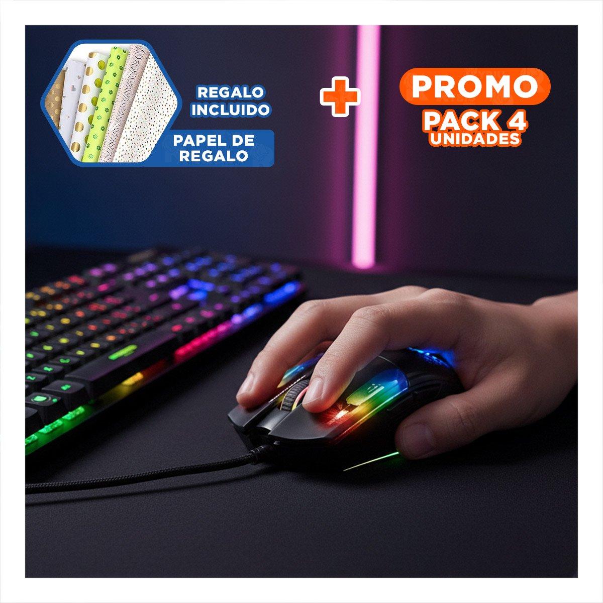 PACK4 KIT GAMER MACHINE 2 NEON NEGRO CON TECLADO PARA PC Y MOUSE RGB Y+PAPEL REGALO - 1