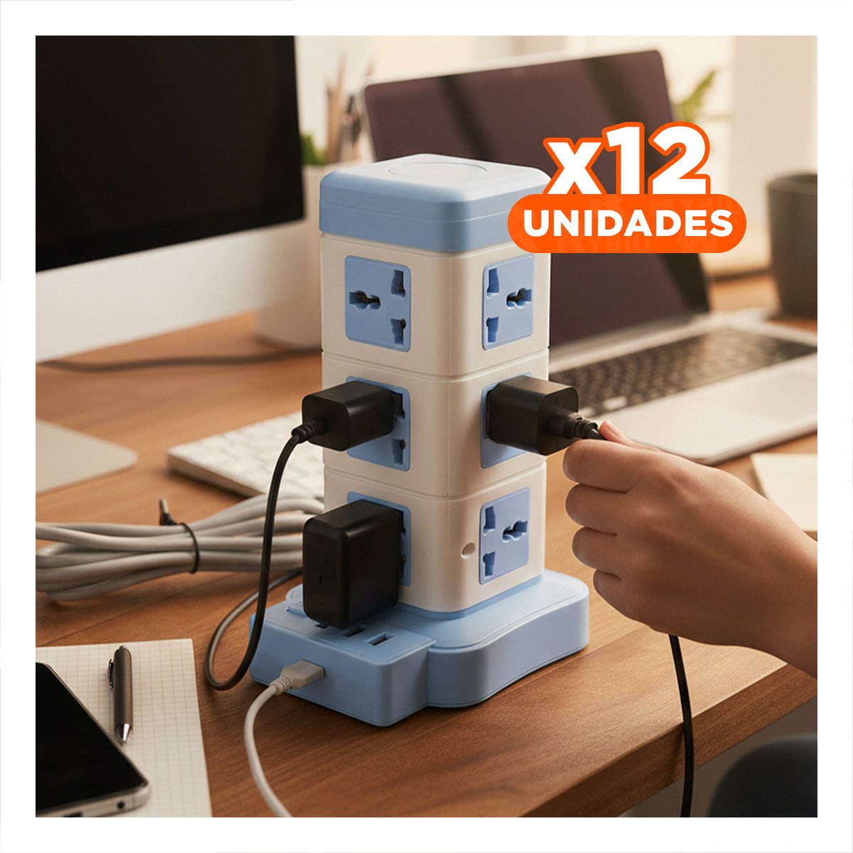 PACK12 REGLETA VERTICAL 12 TOMACORRIENTES CON 3 USB CELESTE PARA ESTUDIO Y TRABAJO - 1