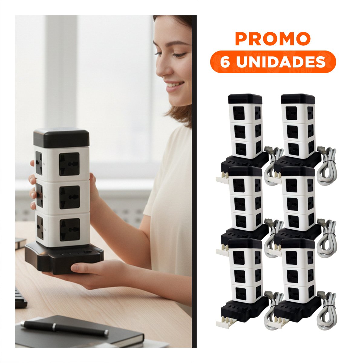 PACK6 TORRE VERTICAL 12 TOMACORRIENTES CON 2 USB NEGRO PARA TECNOLOGIA MODERNA - 1