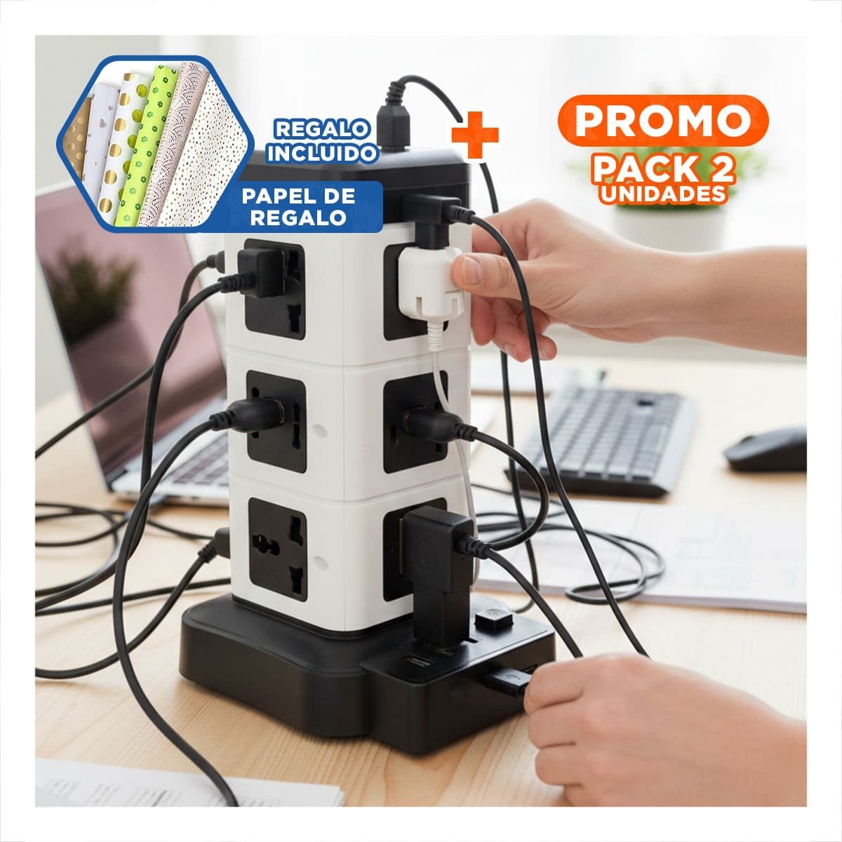 PACK2 TORRE VERTICAL 12 TOMACORRIENTES CON 2 USB NEGRO PARA CARGA DE EQUIPOS Y+PAPEL REGALO - 1