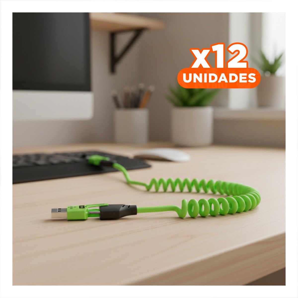 PACK12 CORDON RESORTE 4 EN 1 USB C 1,5M VERDE ACCESORIO DE CONEXION PARA CELULAR - 1