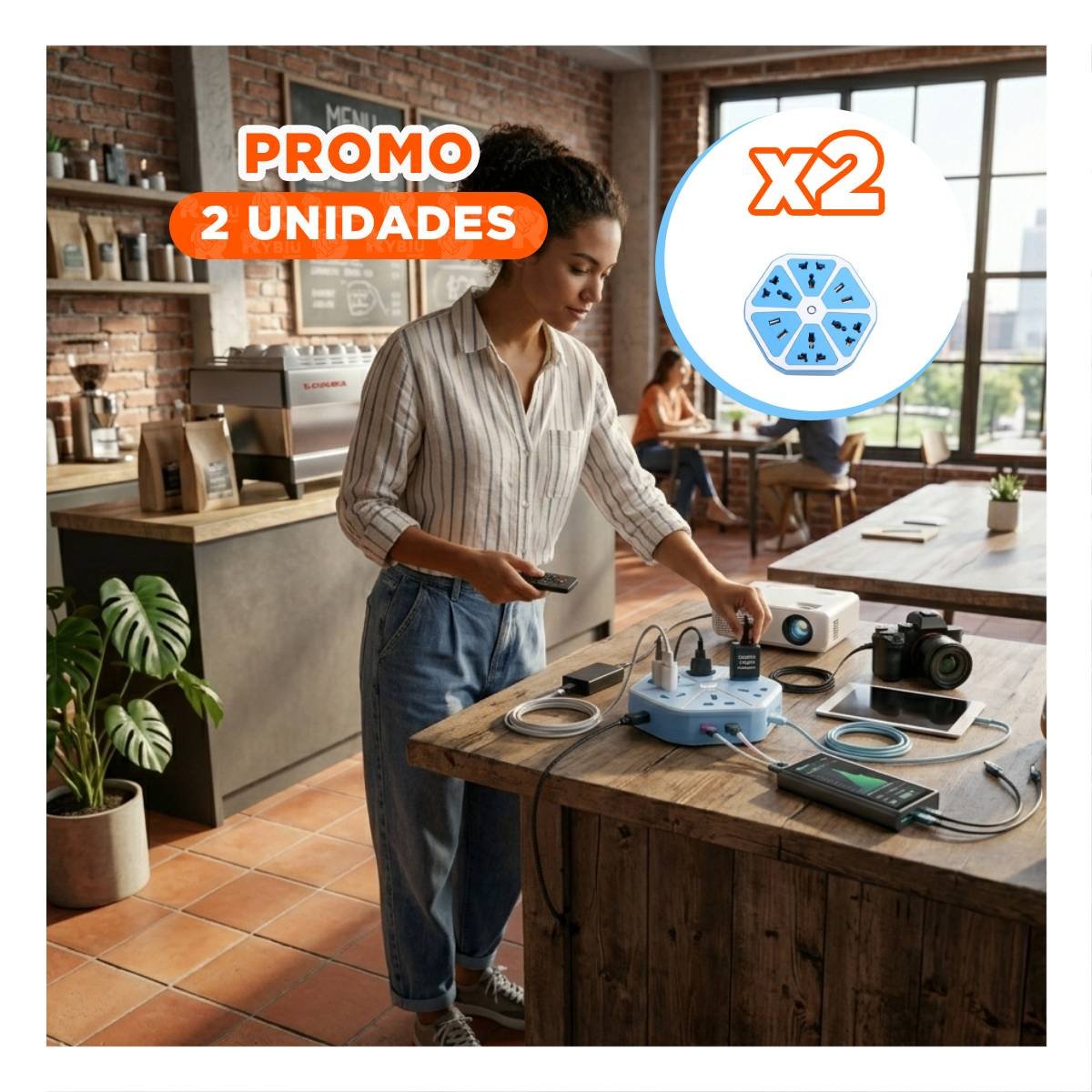 PACK2 CONECTOR HEXAGONAL 4 SALIDAS 4 USB CELESTE PARA DISTRIBUCION DE ENERGIA Y+REGALO STICKER - 1