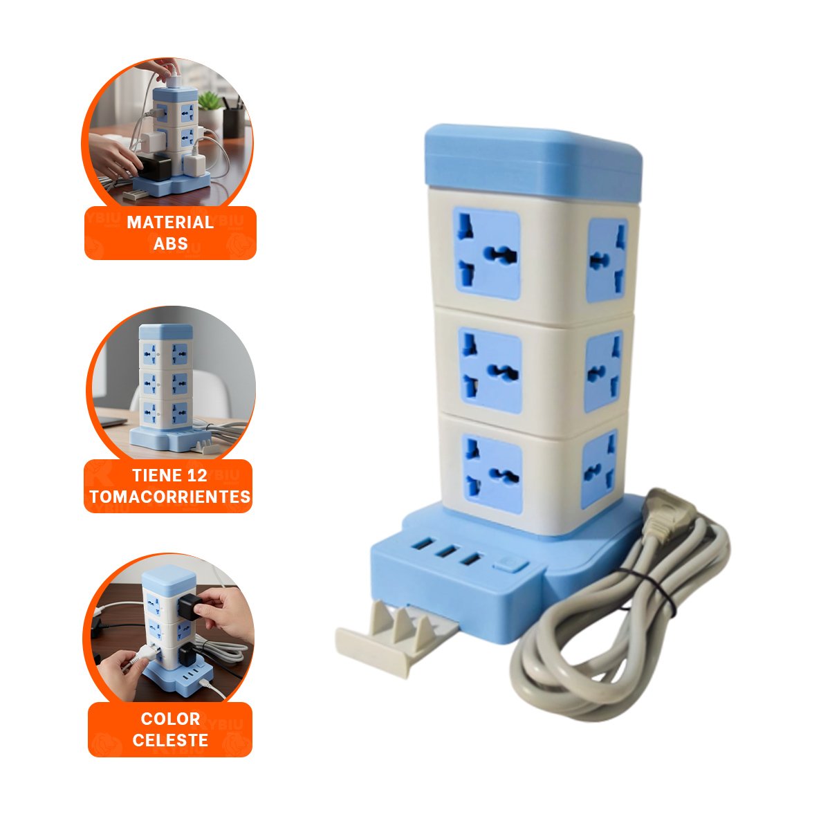 MULTITOMA VERTICAL 12 TOMACORRIENTES CON 3 USB CELESTE PARA LAPTOP Y CELULAR - 3