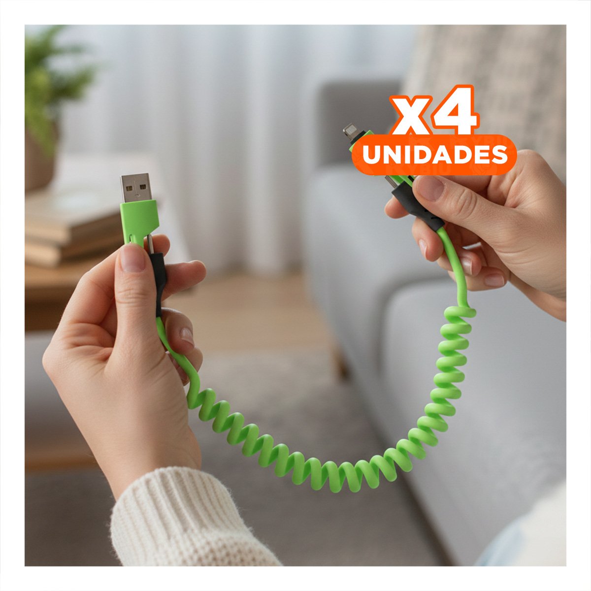 PACK4 CONECTOR RESORTE 4 EN 1 USB C 1,5M VERDE CABLE DE CARGA PARA CELULAR Y+REGALO STICKER - 1