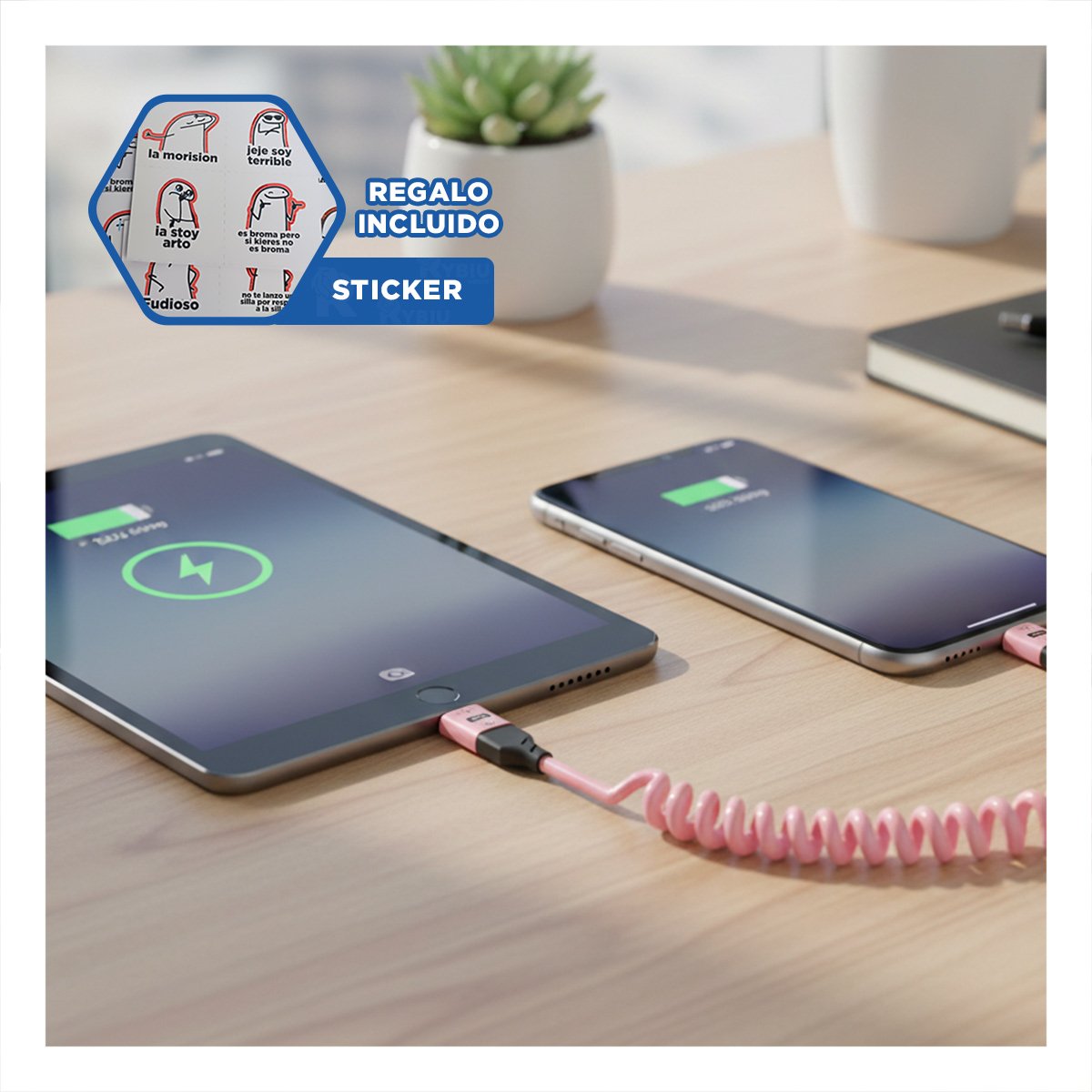 CABLE RESORTE 4 EN 1 USB C 1,5M ROSADO CABLE PARA CARGA DIARIA Y+REGALO STICKER - 1