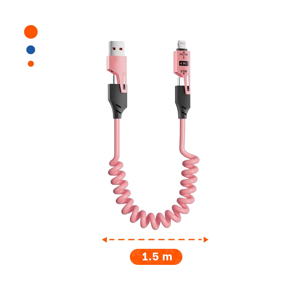 CABLE RESORTE 4 EN 1 USB C 1,5M ROSADO CABLE PARA CARGA DIARIA Y+REGALO STICKER - 4