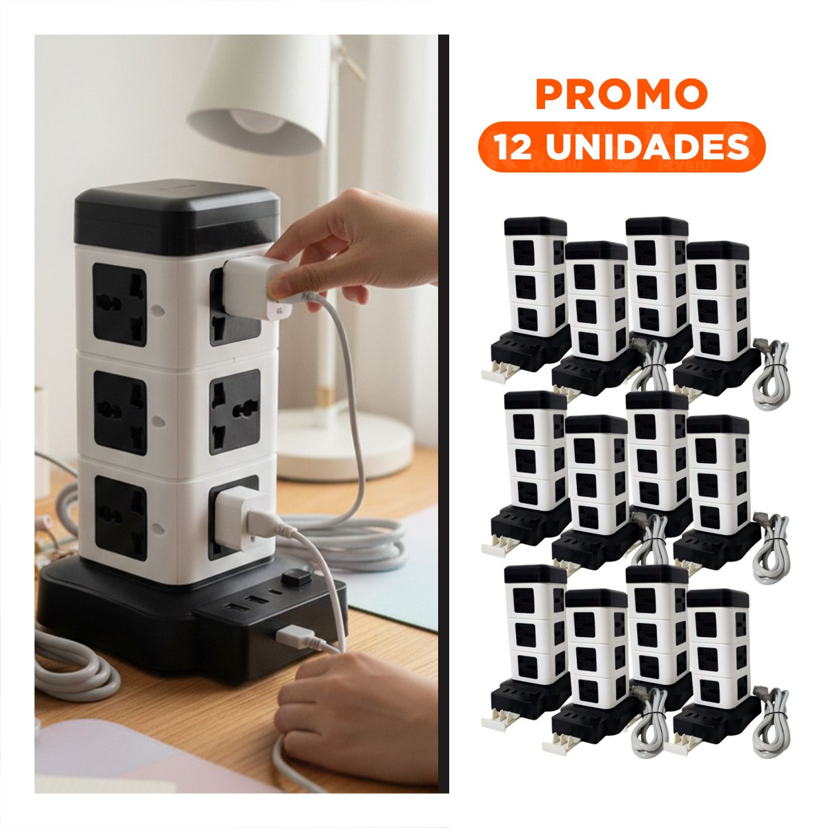 PACK12 TORRE VERTICAL 12 TOMACORRIENTES CON 2 USB NEGRO PARA ORGANIZAR CABLES Y+REGALO STICKER - 1