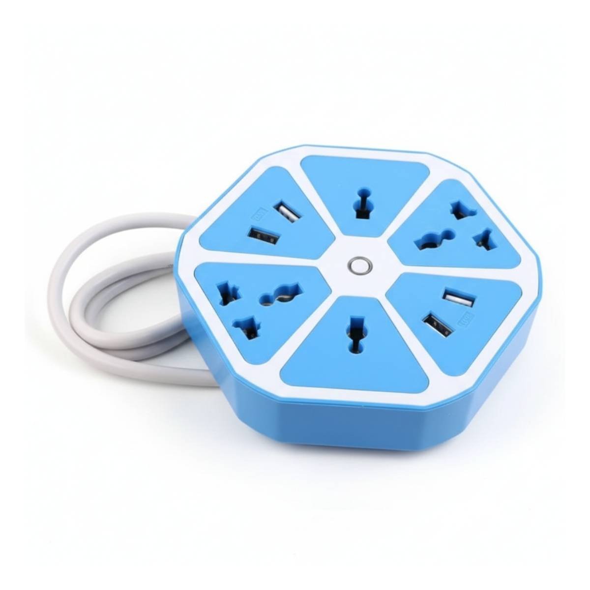 CONECTOR HEXAGONAL 4 ENCHUFES 4 USB CELESTE PARA CARGA DE DISPOSITIVOS Y+REGALO STICKER - 3