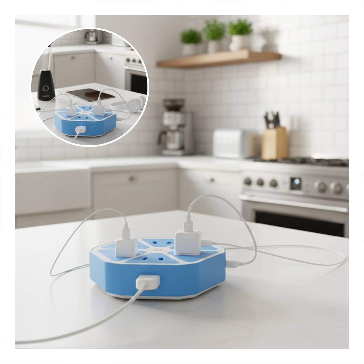 CONECTOR HEXAGONAL 4 ENCHUFES 4 USB CELESTE PARA CARGA DE DISPOSITIVOS Y+REGALO STICKER - 5